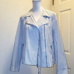 Isaac Mizrahi Gray & White Stripe Seersucker Moto Asymmetrical Jacket sz 16 Nwot